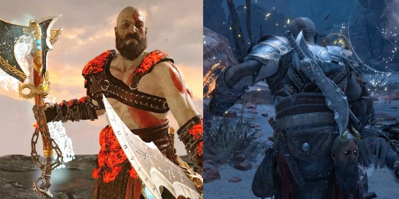 Kratos holds two weapons and carries a head on his belt in God of War Ragnarok