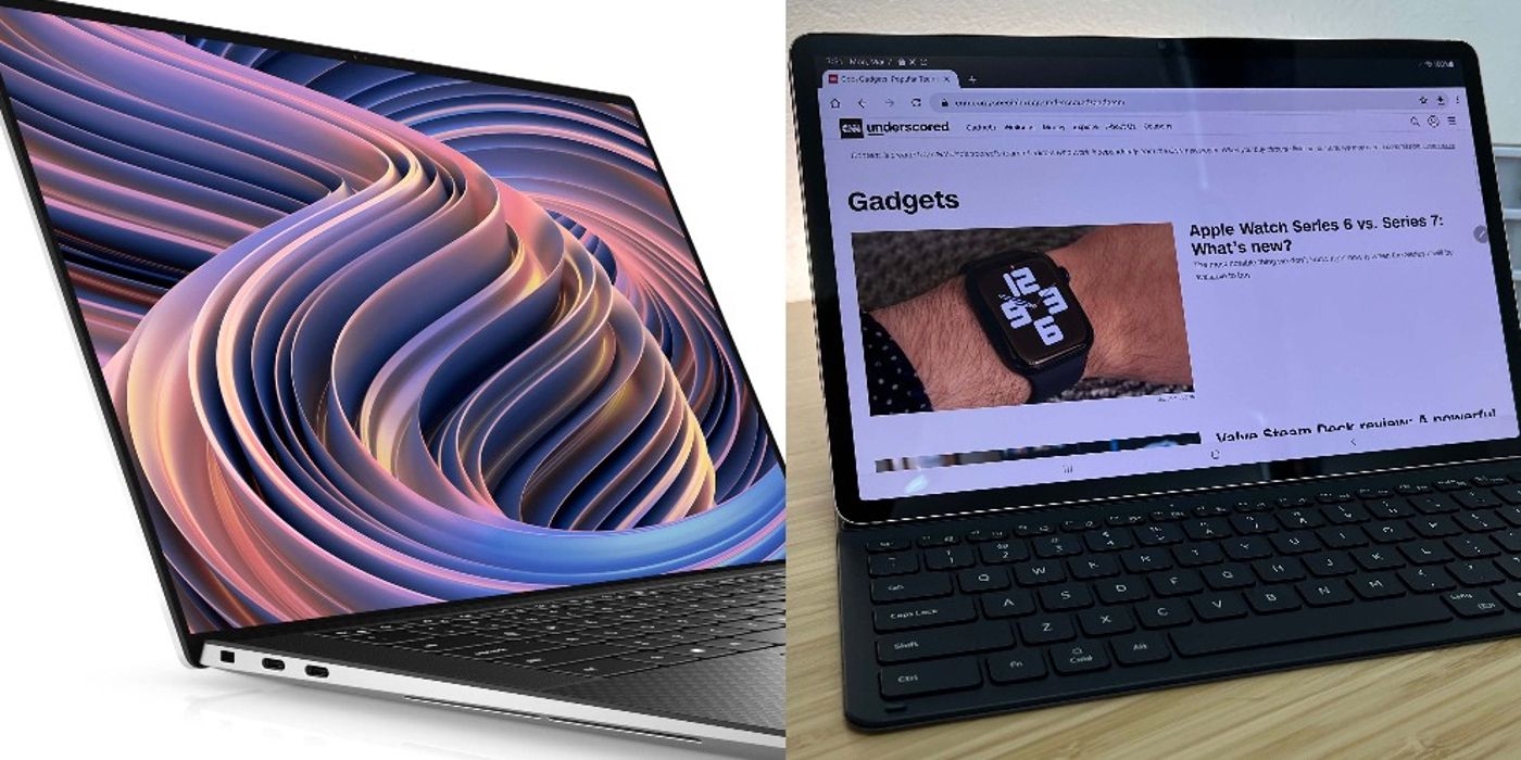 A Dell laptop and Samsung tablet are seen side by side