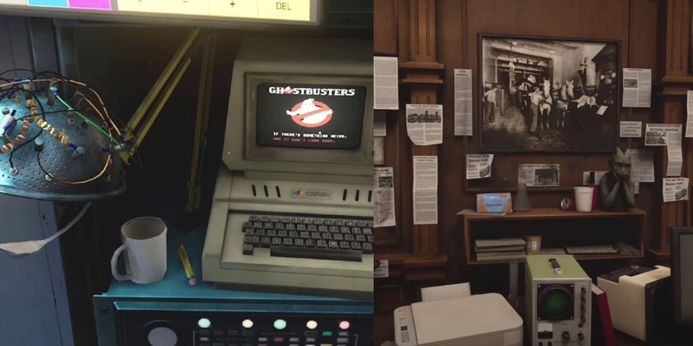 The Keymaster's helmet hangs beside a historical photo in Venkman's office in Ghostbusters: Spirits Unleashed