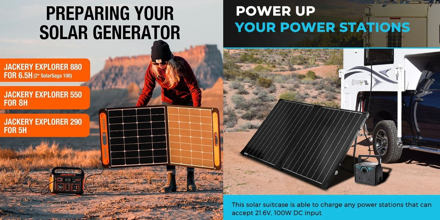 The Jackery 100W and Renogy 100W portable solar panels are seen side by side