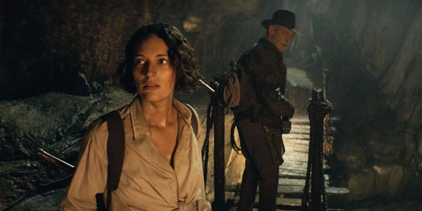 Harrison Ford e Phoebe Waller-Bridge em uma caverna em Indiana Jones 5.