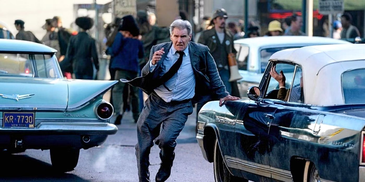 Harrison Ford running through the street in Indiana Jones 5.