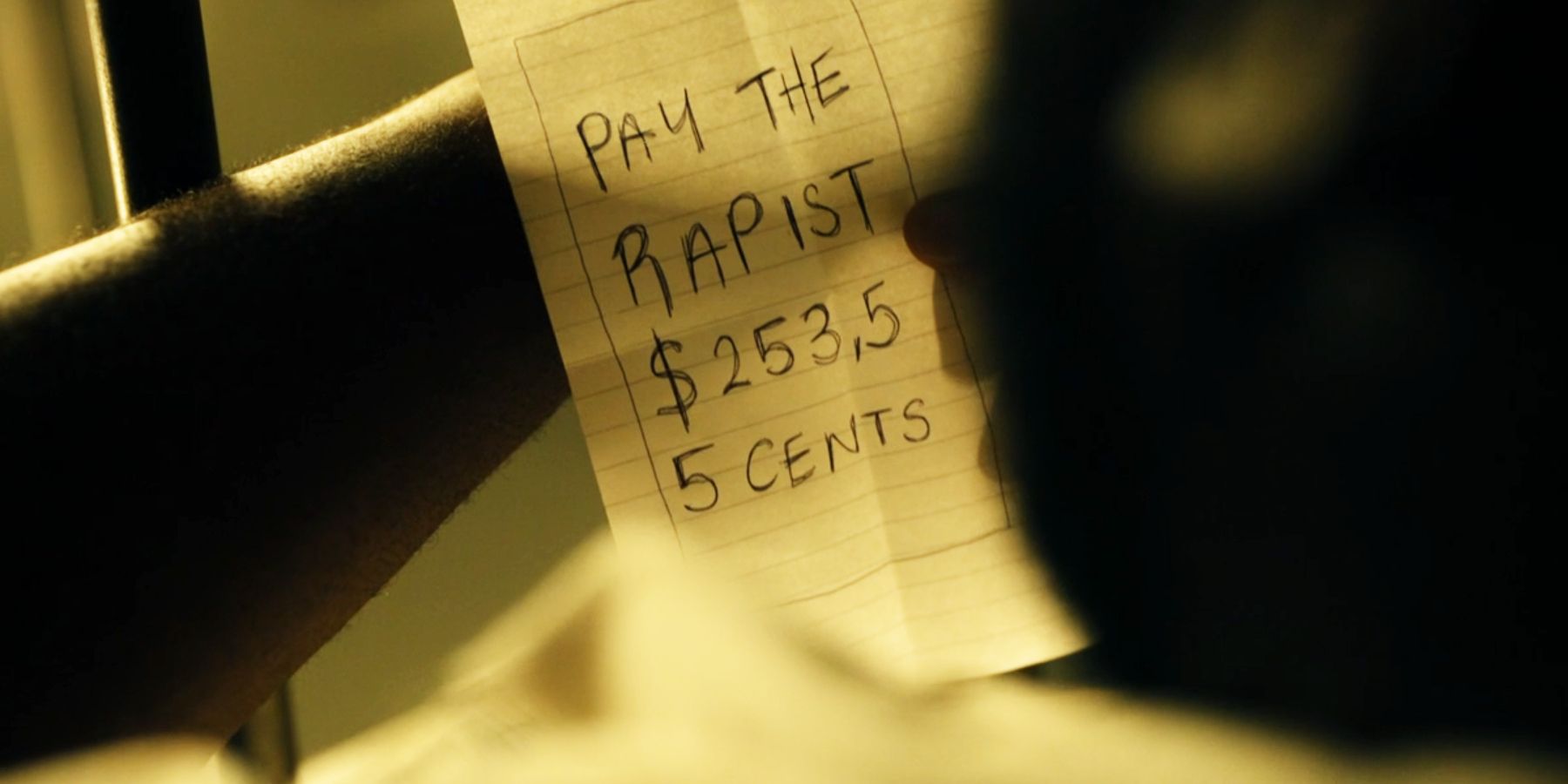 The solution to Inside Man's 253 dollars 55 cents mystery is written on a piece of lined paper that says "pay the rapist $253,55 cents"