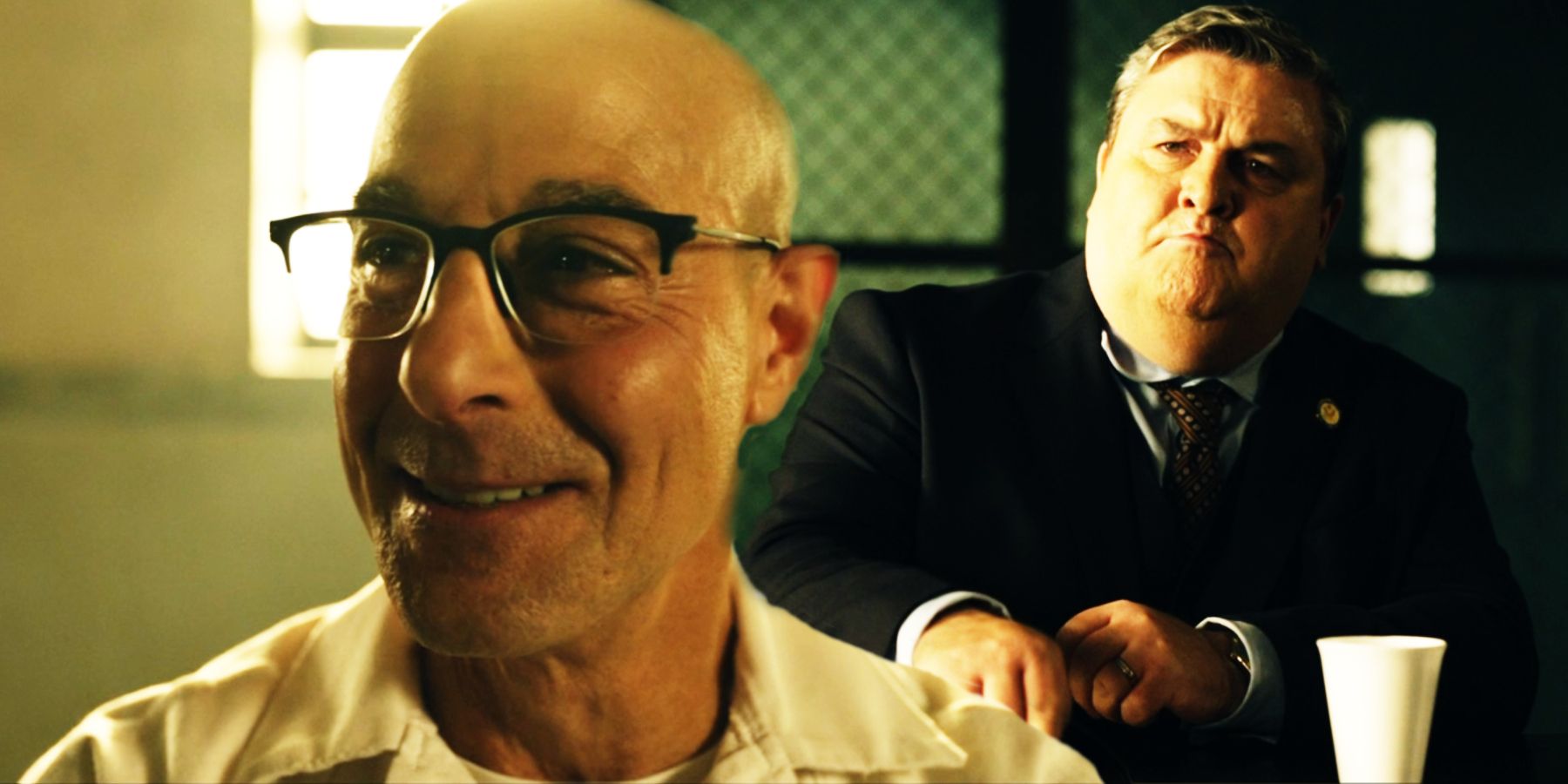 A blended image features Stanley Tucci and Simon Delaney in the series Inside Man