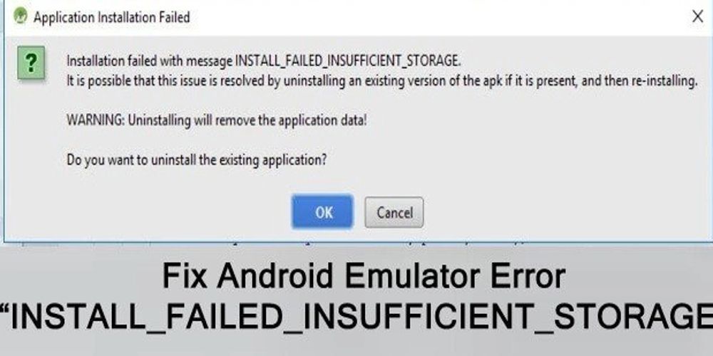 An Android insufficient storage error is displayed