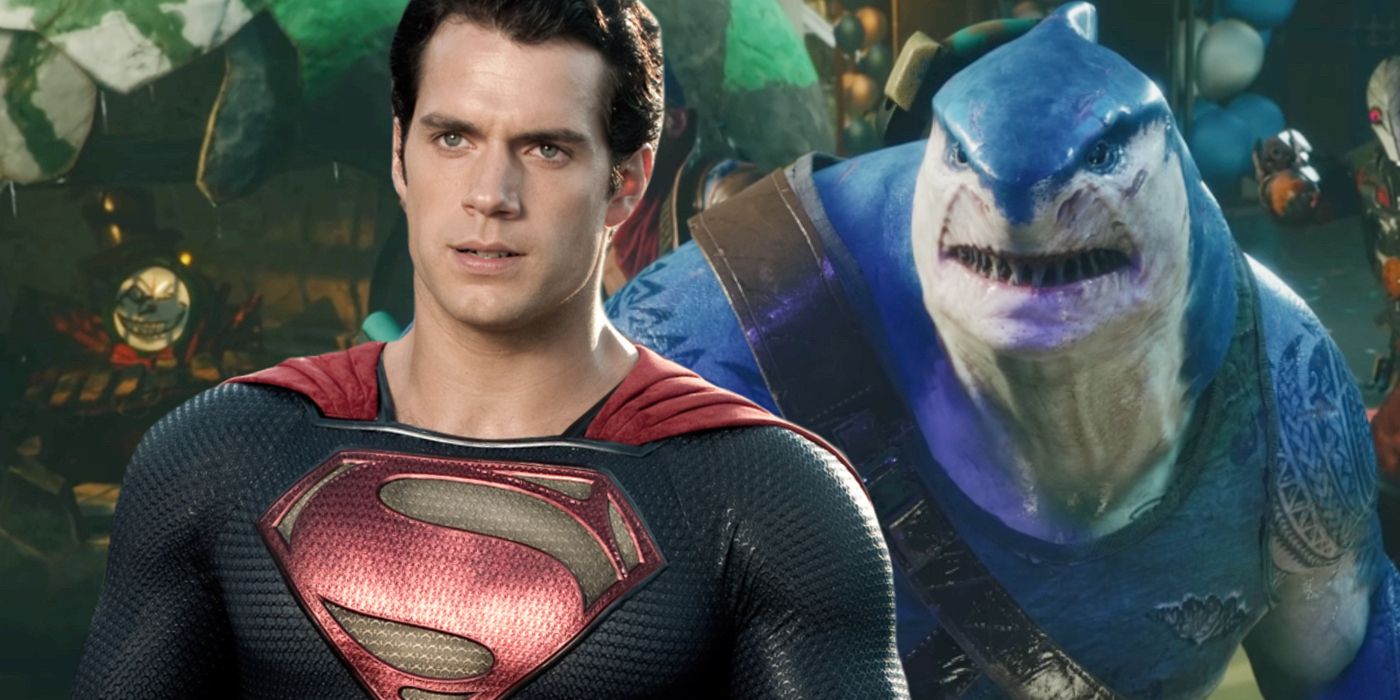 Image of Henry Cavill&rsquo;s Superman from Man of Steel with King Shark from Suicide Squad: Kill the Justice League looking at him from behind.