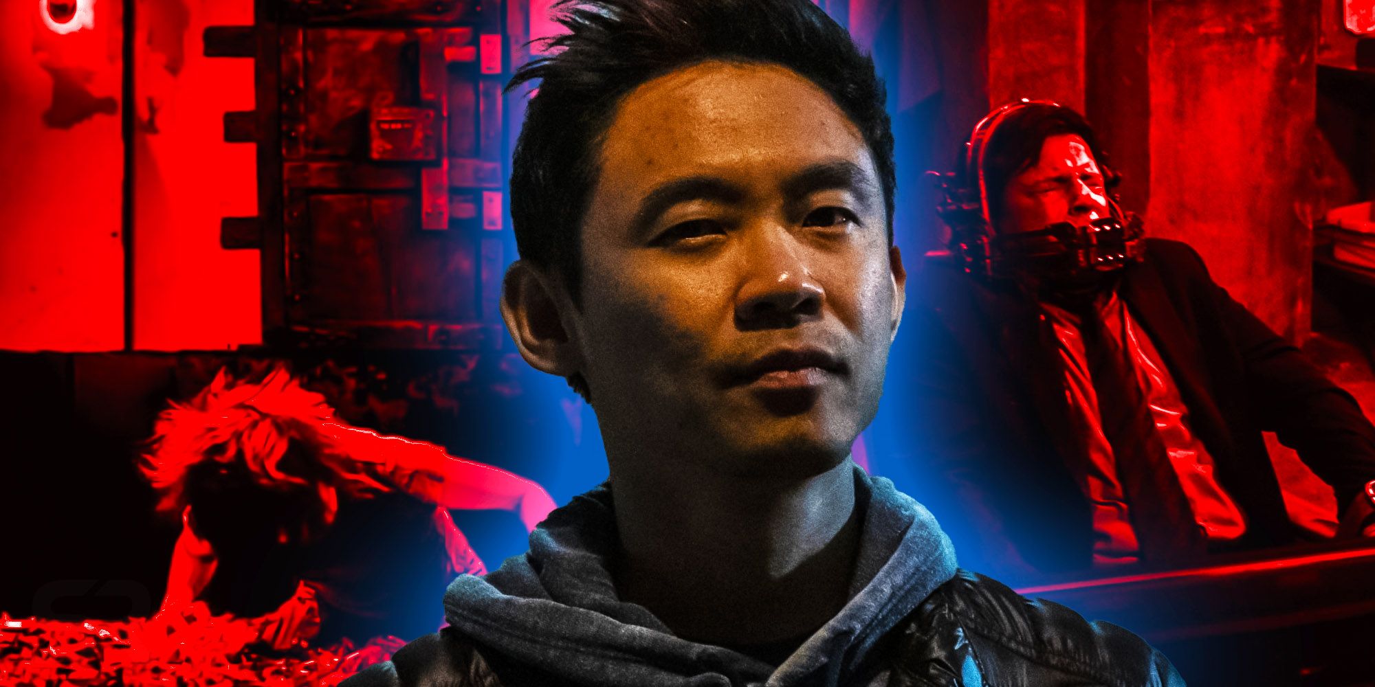 A composite image of James Wan in front of various traps from the Saw movies