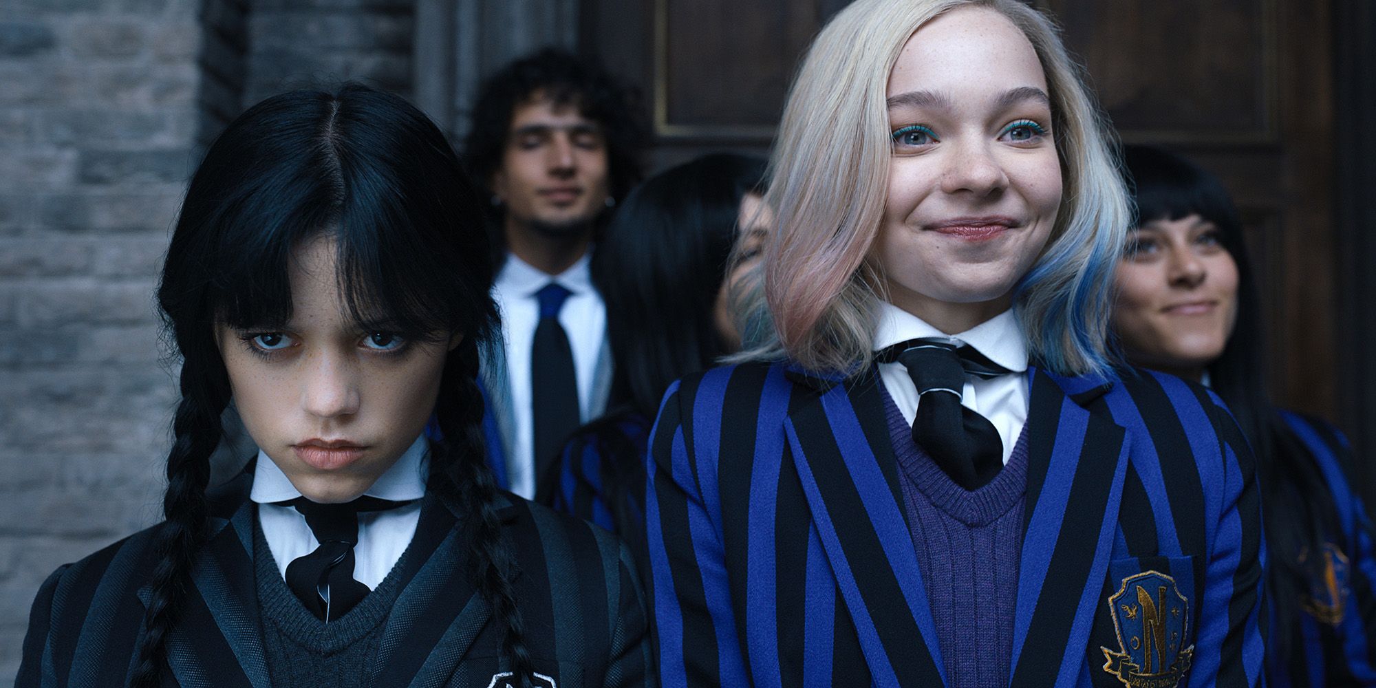 Jenna Ortega as Wednesday Addams Emma Myers as Enid Sinclair in episode 102 of Wednesday