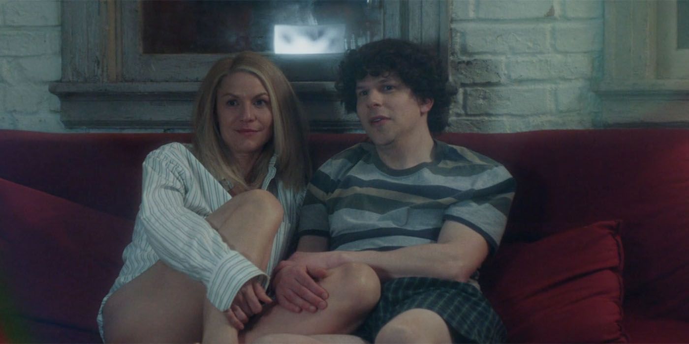 Jesse Eisenberg and Claire Danes sitting on couch in Fleishman Is In Trouble
