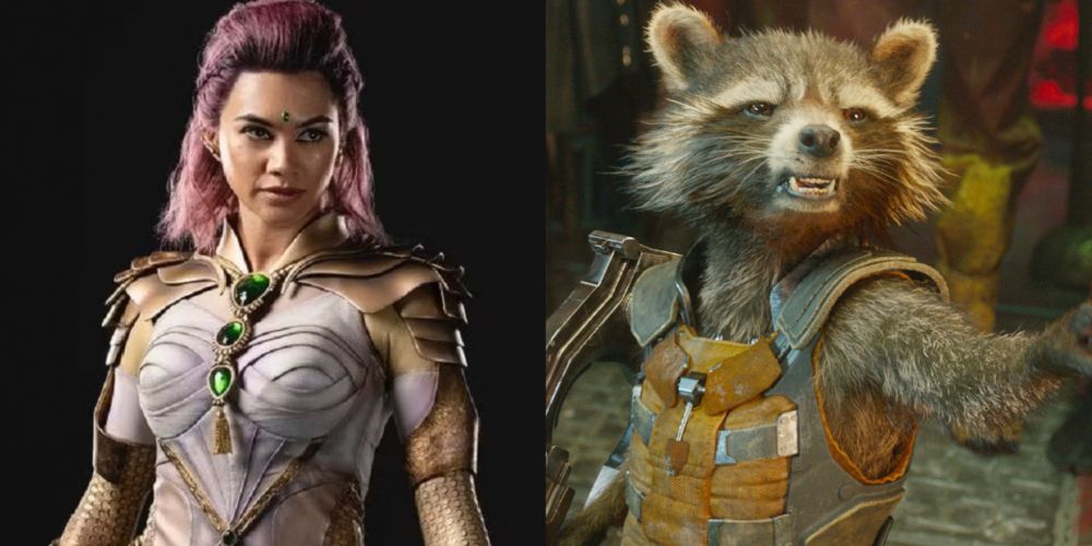 A split image features Jinx in Titans and Rocket in the MCU