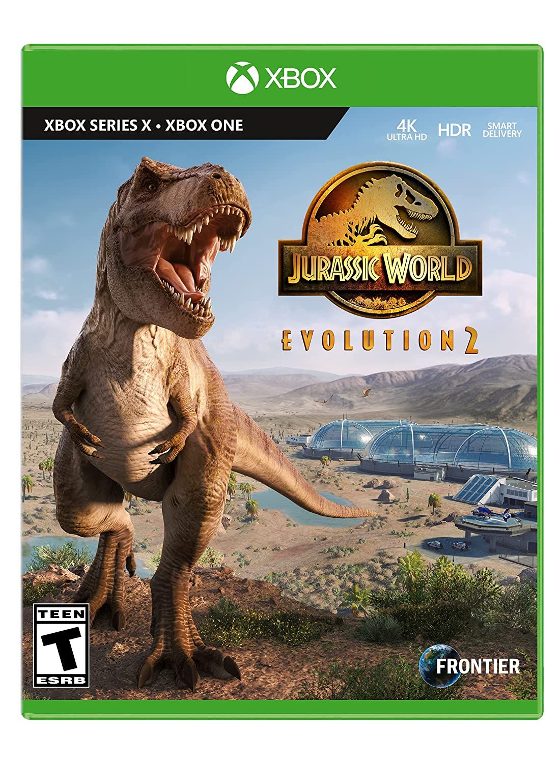 Jurassic World Evolution 2 cover with T-Rex roaring while standing in front of a theme park