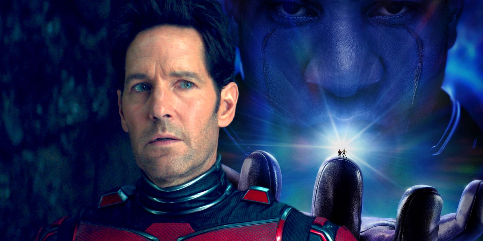 Paul Rudd como Scott Lang ao lado do pôster de Homem-Formiga e a Vespa: Quantumania