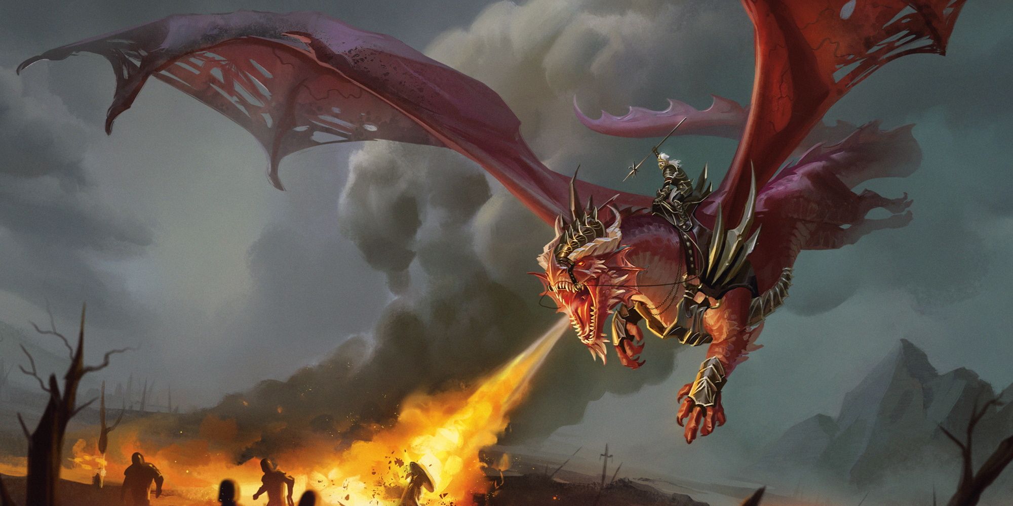 Kansaldi Fire-Eyes rijdt op een draak in DnD's Dragonlance-setting, waarbij de draak vuur spuwt naar vluchtende vijanden beneden.
