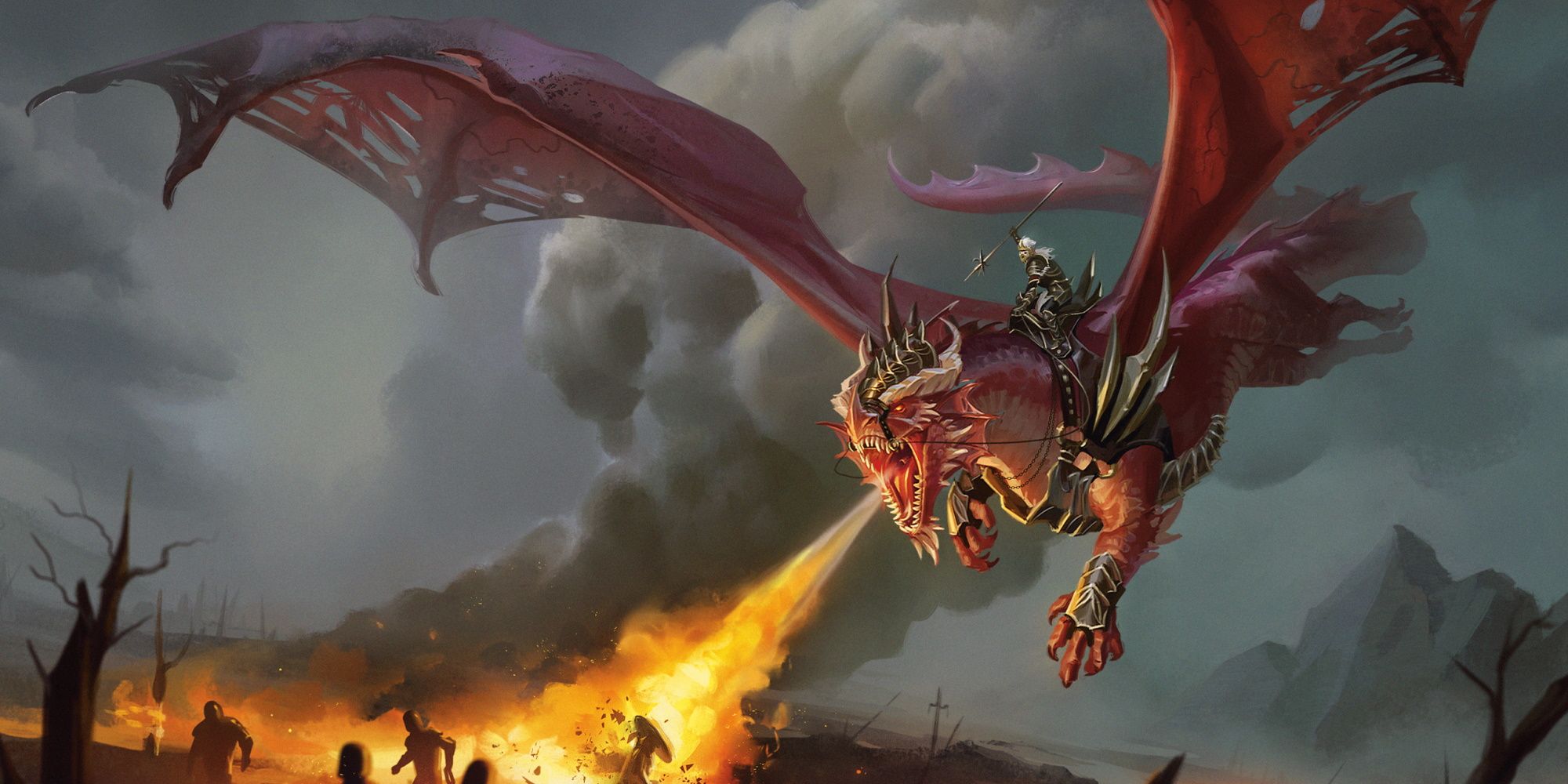 Kansaldi Fire-Eyes montando um dragão no cenário Dragonlance de DnD, com o dragão cuspindo fogo nos inimigos em fuga abaixo.