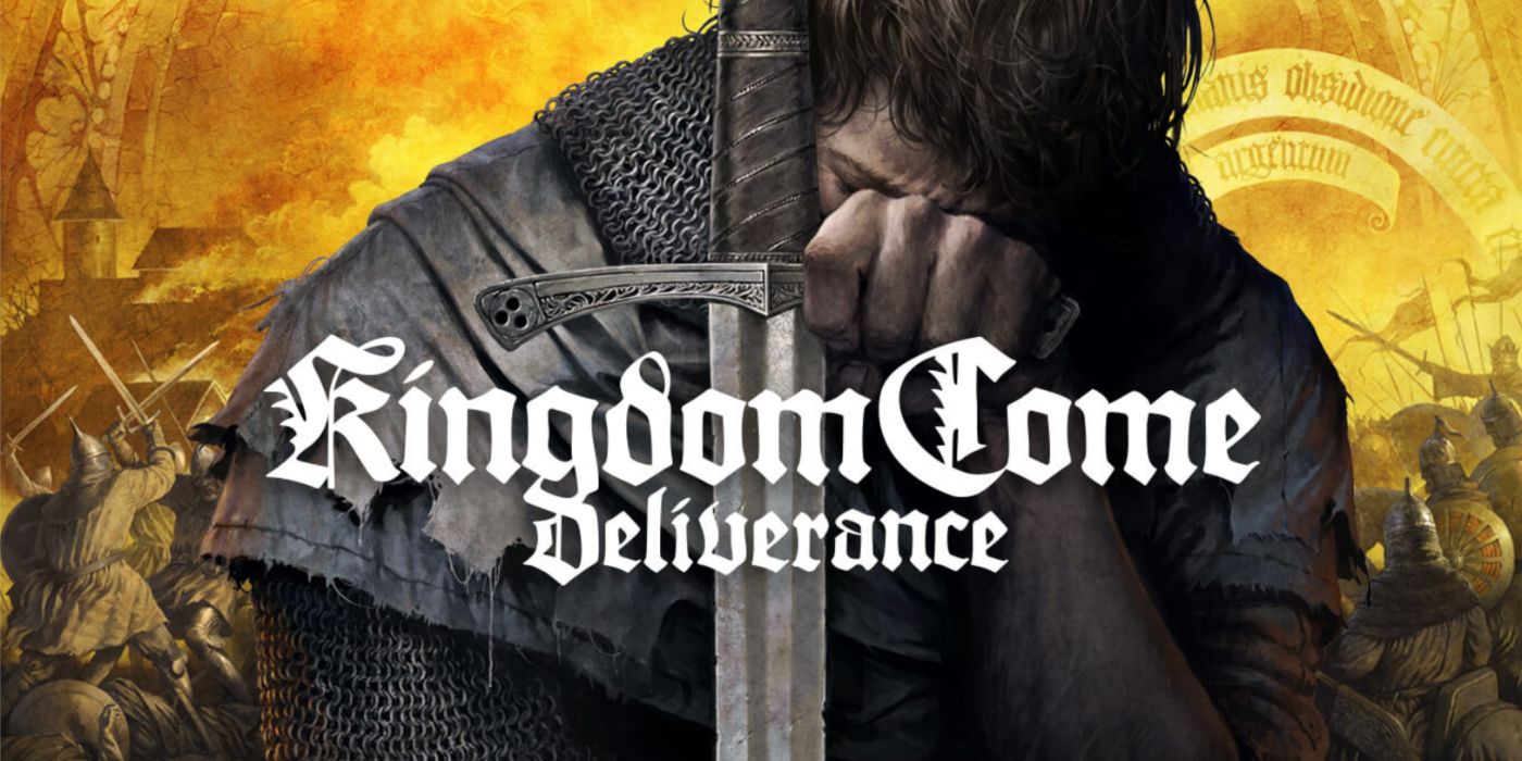 Kingdom Come: Deliverance art mettant en vedette un chevalier affalé sur son épée avec des armées en guerre en arrière-plan.