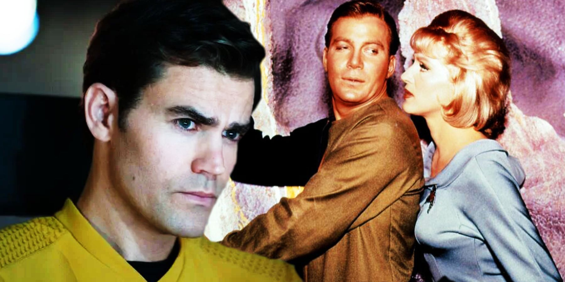 Paul Wesley as Kirk and William Shatner and Majel Barratt as Kirk and Chapel