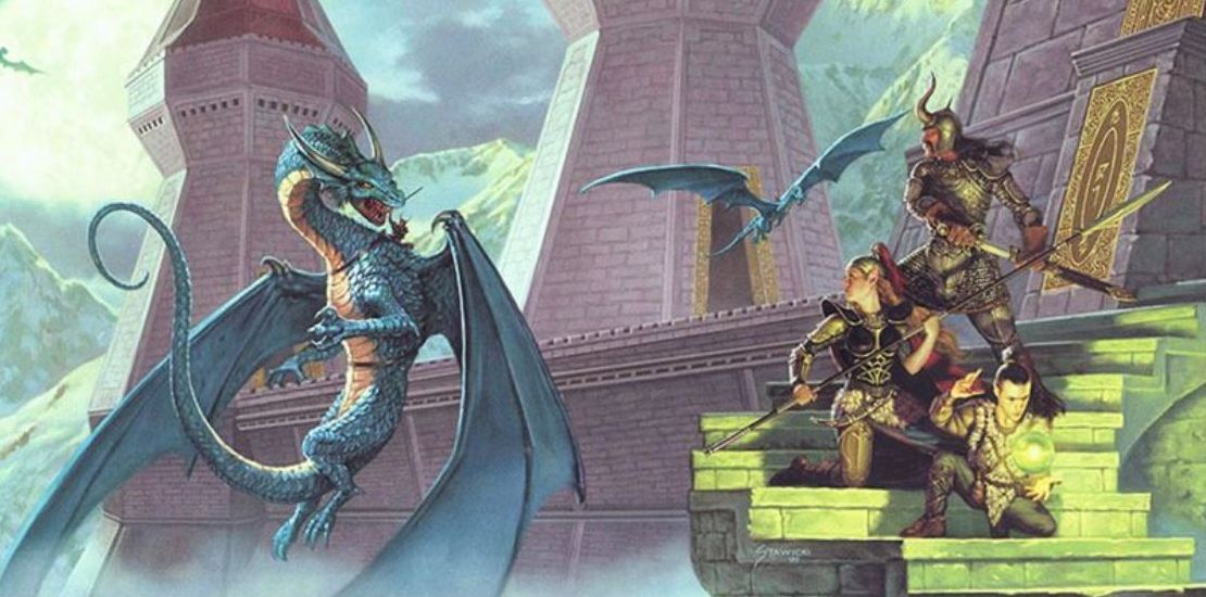knights of solamnia in dragonlance facing a blue dragon