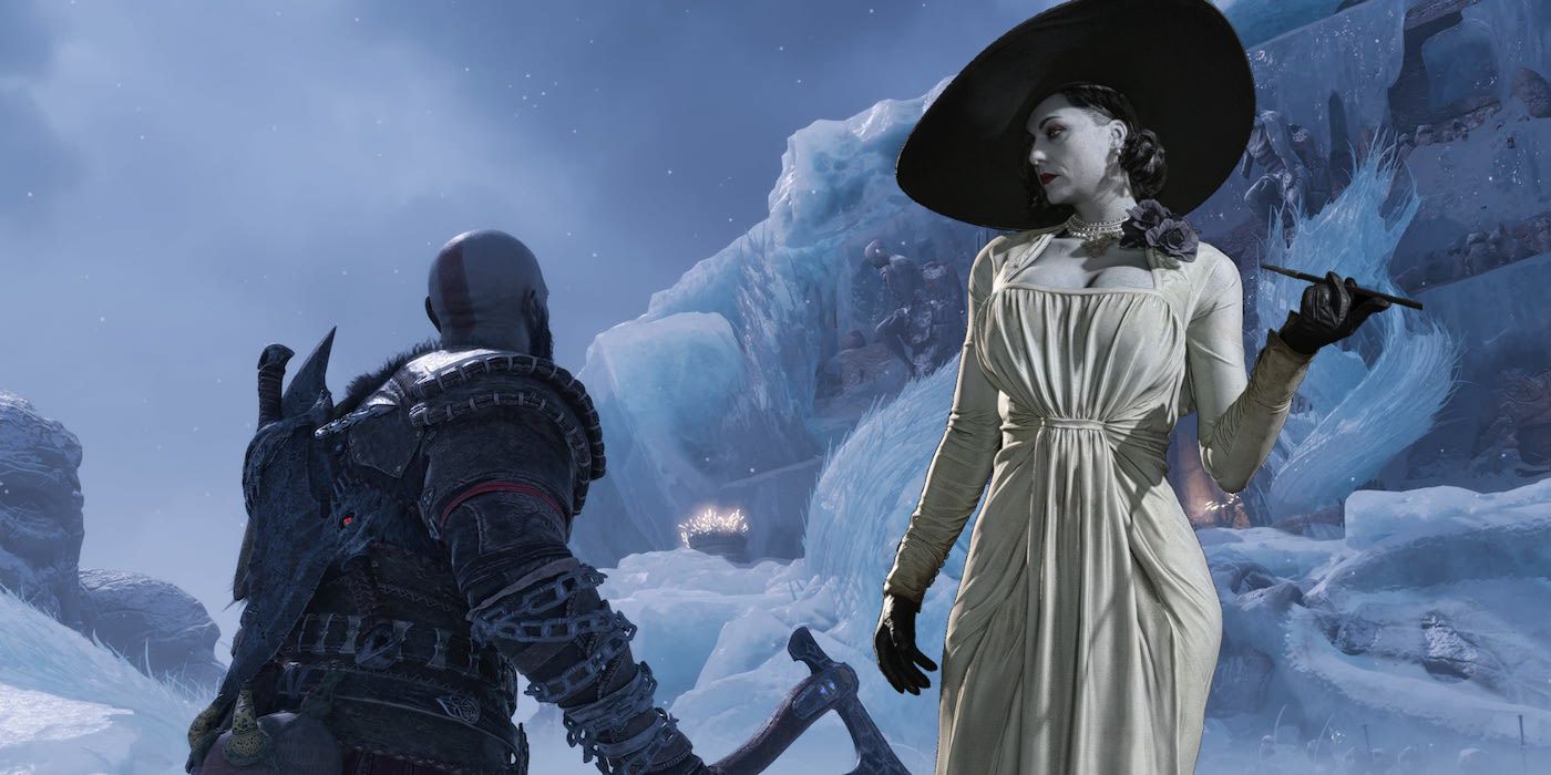 Lady Dimitrescu and Kratos in Niflheim in God of War Ragnarok
