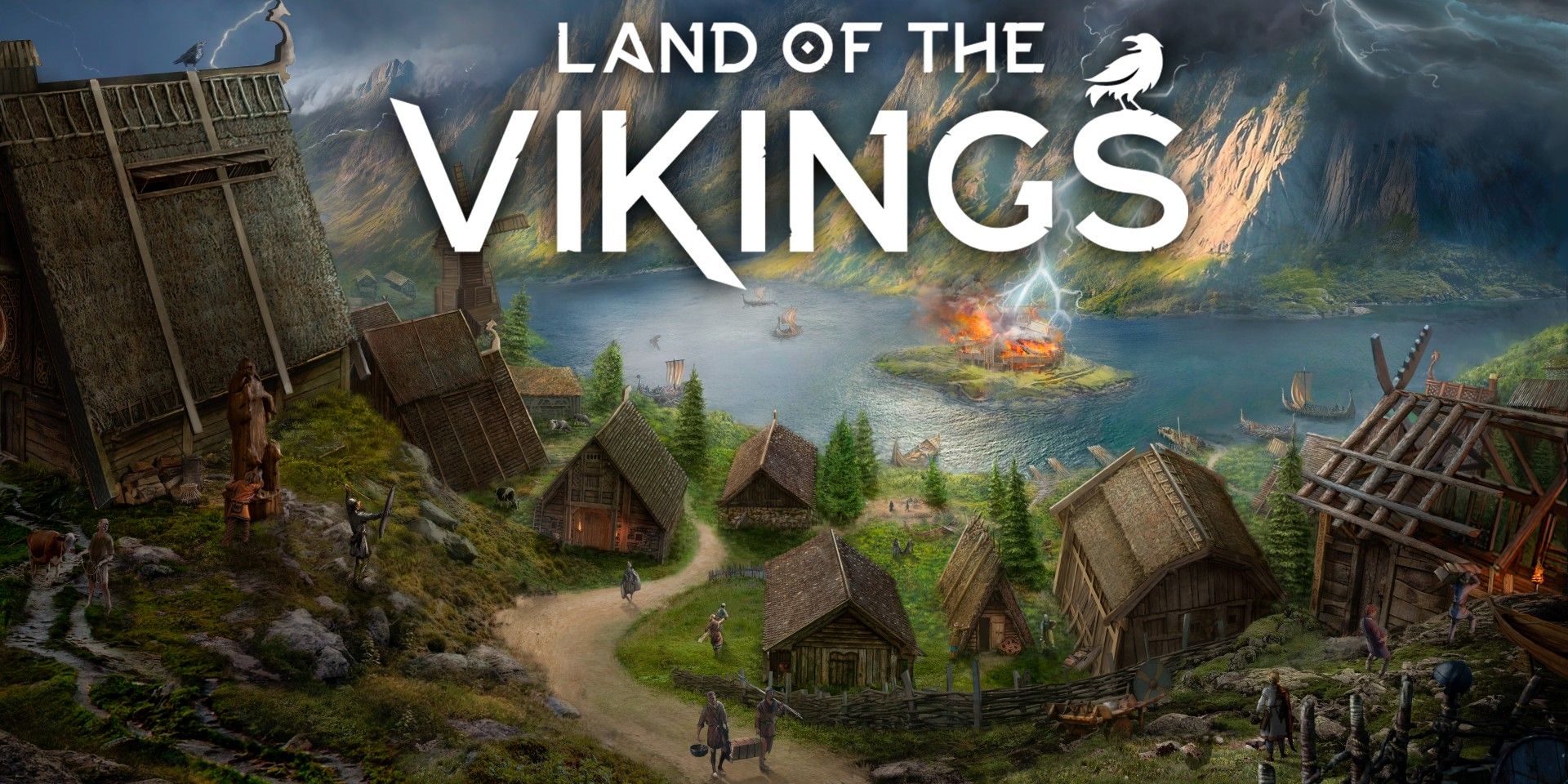 Land of the Vikings Key Art showing the game's title, a rustic village, and mountains in the background.