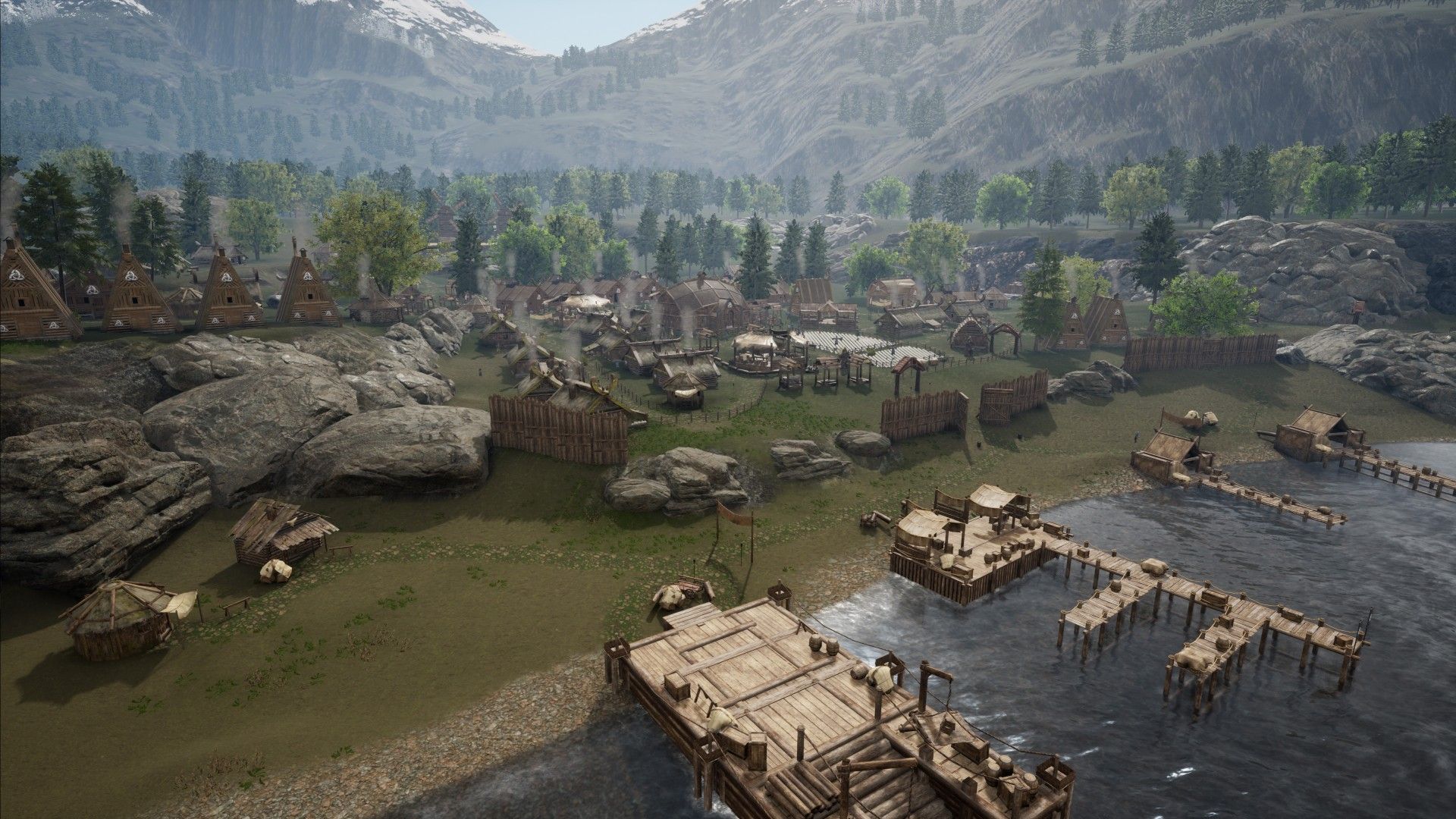 Vista aérea da Terra dos Vikings mostrando uma vila com casas e píeres que se estendem até a água.