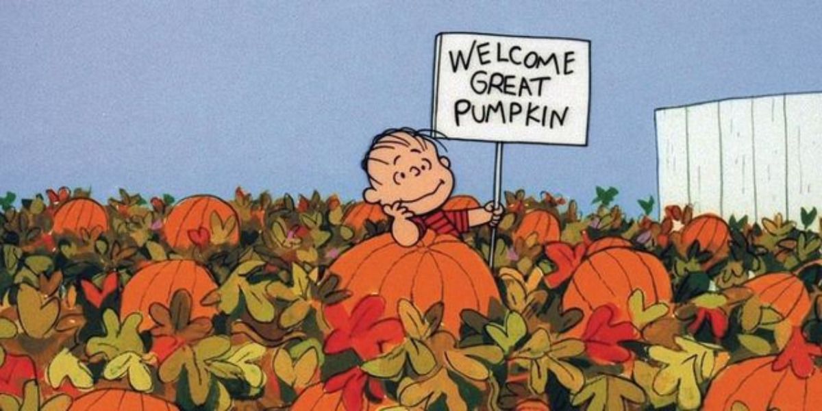 An image of Peanuts' Linus sitting in a pumpkin patch is shown.