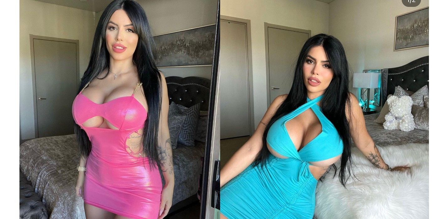 Larissa Lima From 90 Day Fiancé in two tight blue and pink outfits in side by side photos