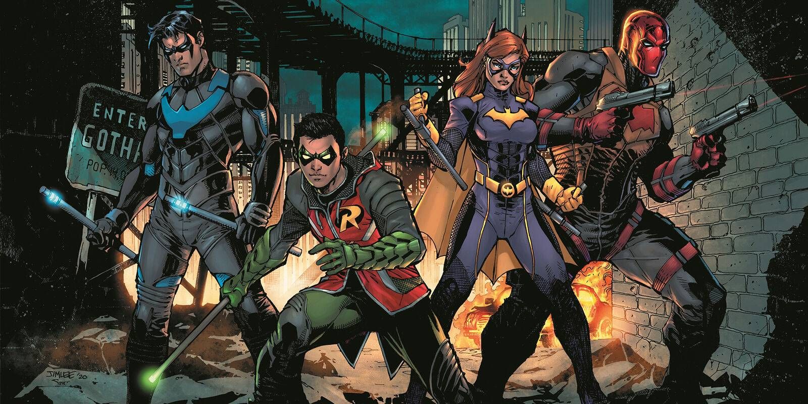 Gotham Knights DLC Gilded City Comic Screenshot Featuring Red Hood, Batgirl, Tim Drake Robin, and Nightwing Getting Ready to Fight Crime