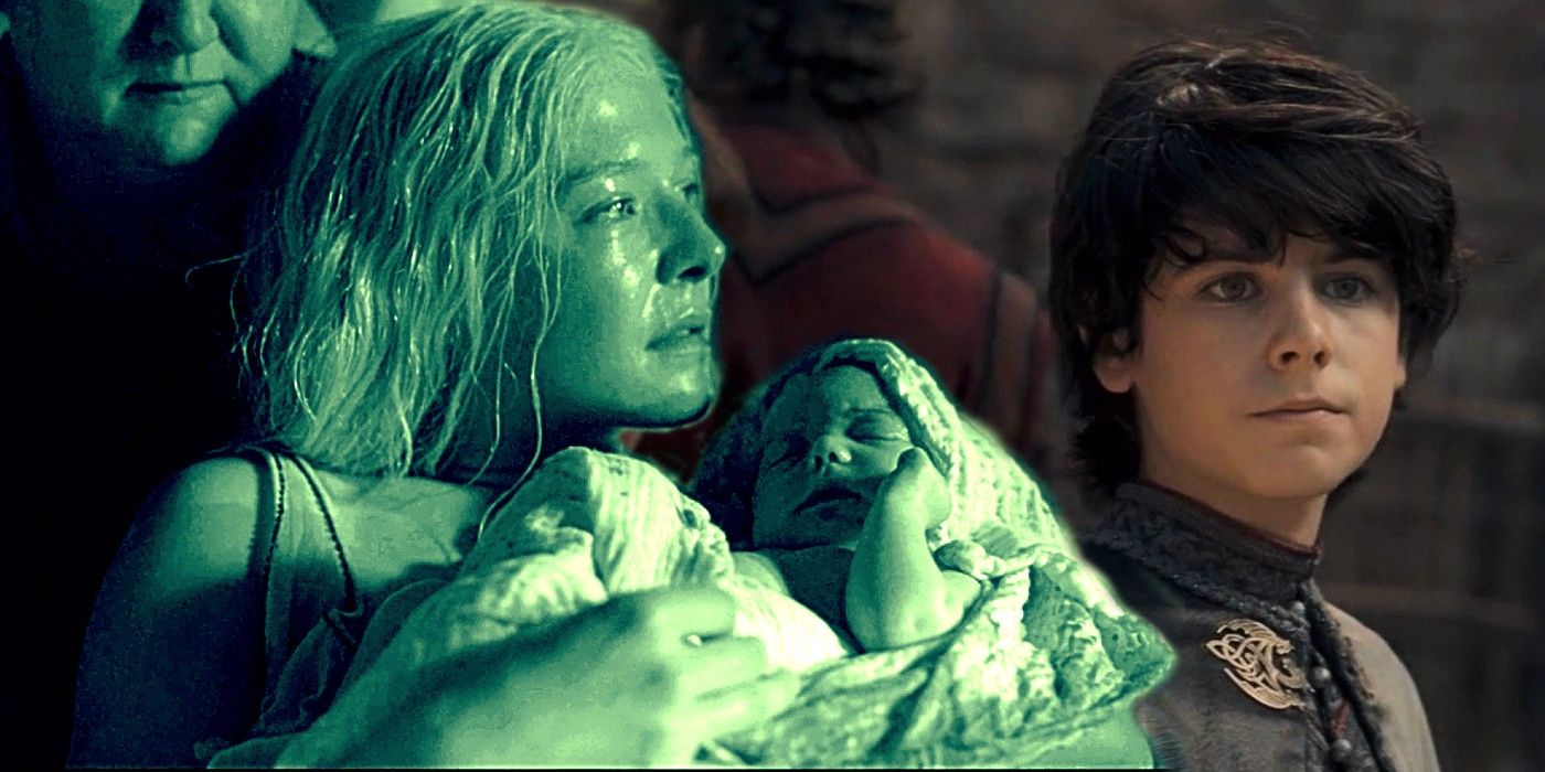 Rhaenyra holding baby Joffrey, shot of Lucerys in House of the Dragon