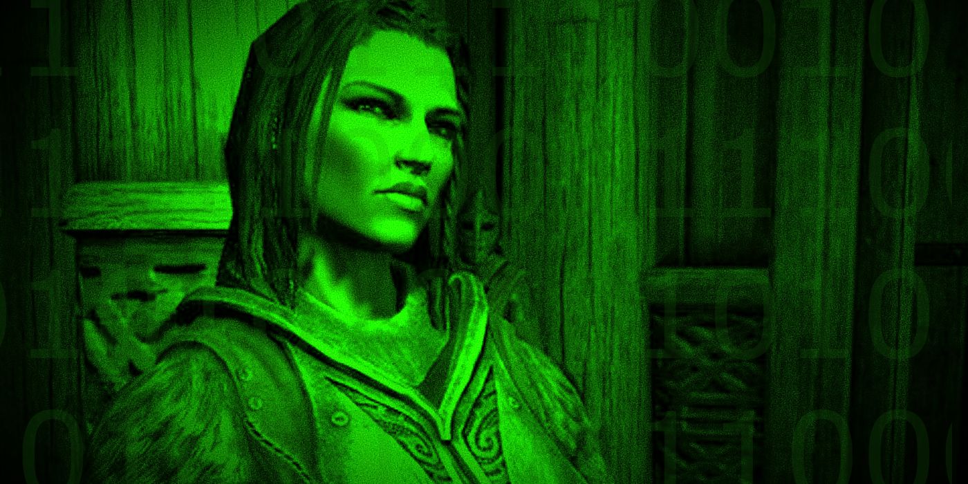 Skyrim's Lydia in a green light with faint computer code superimposed over the image