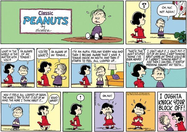 Strip Minggu Peanuts multi-panel yang menunjukkan Linus dan Lucy mendiskusikan kesadaran lidah ditampilkan.