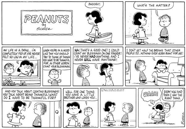 Strip Sunday Peanuts 10 panel mengikuti pertukaran Lucy dan Linus ditampilkan.