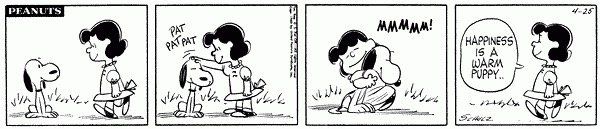 Komik strip 'Happiness is a warm puppy' Peanuts yang terkenal dengan Lucy dan Snoopy ditampilkan.