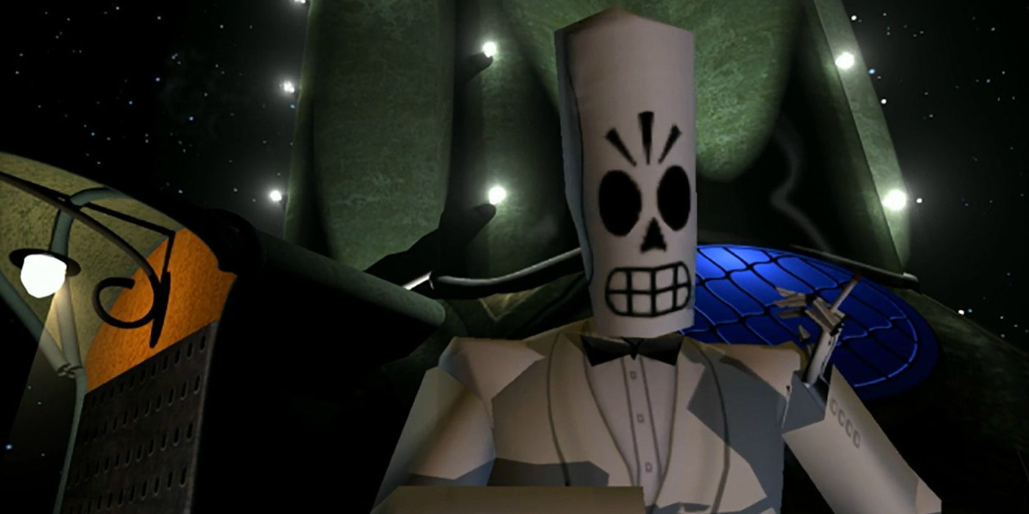 Manny Calavera merokok di luar kasinonya di Grim Fandango.