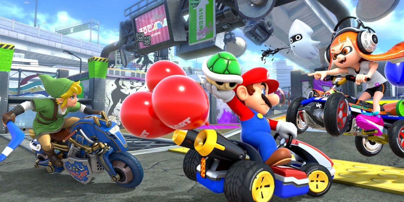 Link, Mario, and Inkling battling in Mario Kart 8 Deluxe