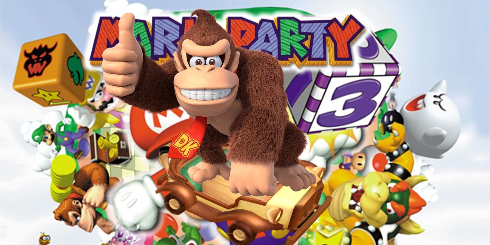 Donkey Kong on a car from Mario Party 9 in front of the Mario Party logo