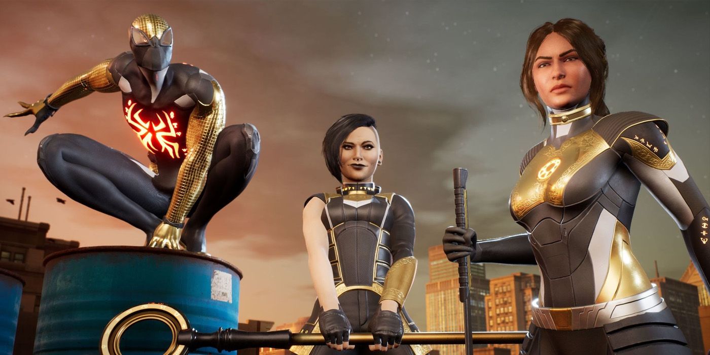 A screenshot of Spider-Man, Nico Minoru, and the Hunter in Marvel's Midnight Suns.