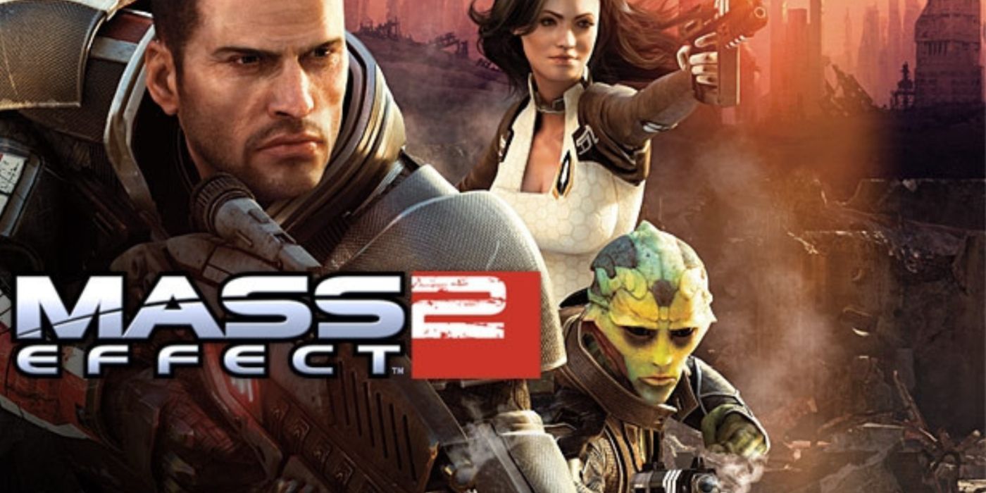 Mass Effect 2 promo art featuring Commander Shepard, Miranda, and Thane.