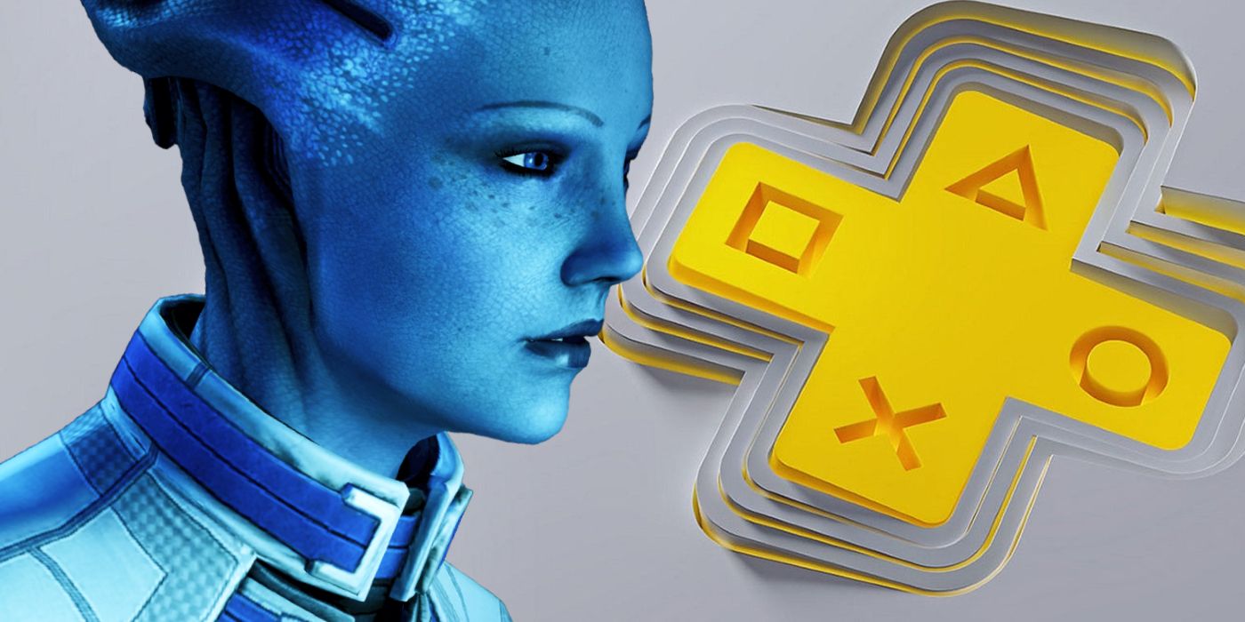 Liara from Mass Effect pasted in front of the PlayStation Plus logo.