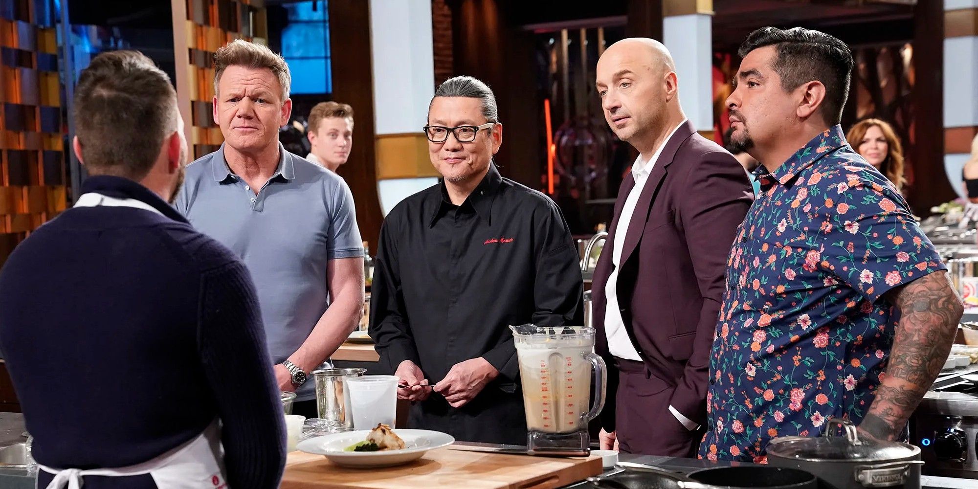 Gordon Ramsay, Joe Bastianich, Aaron Sanchez, and Masaharu Morimoto judging a MasterChef contestant.