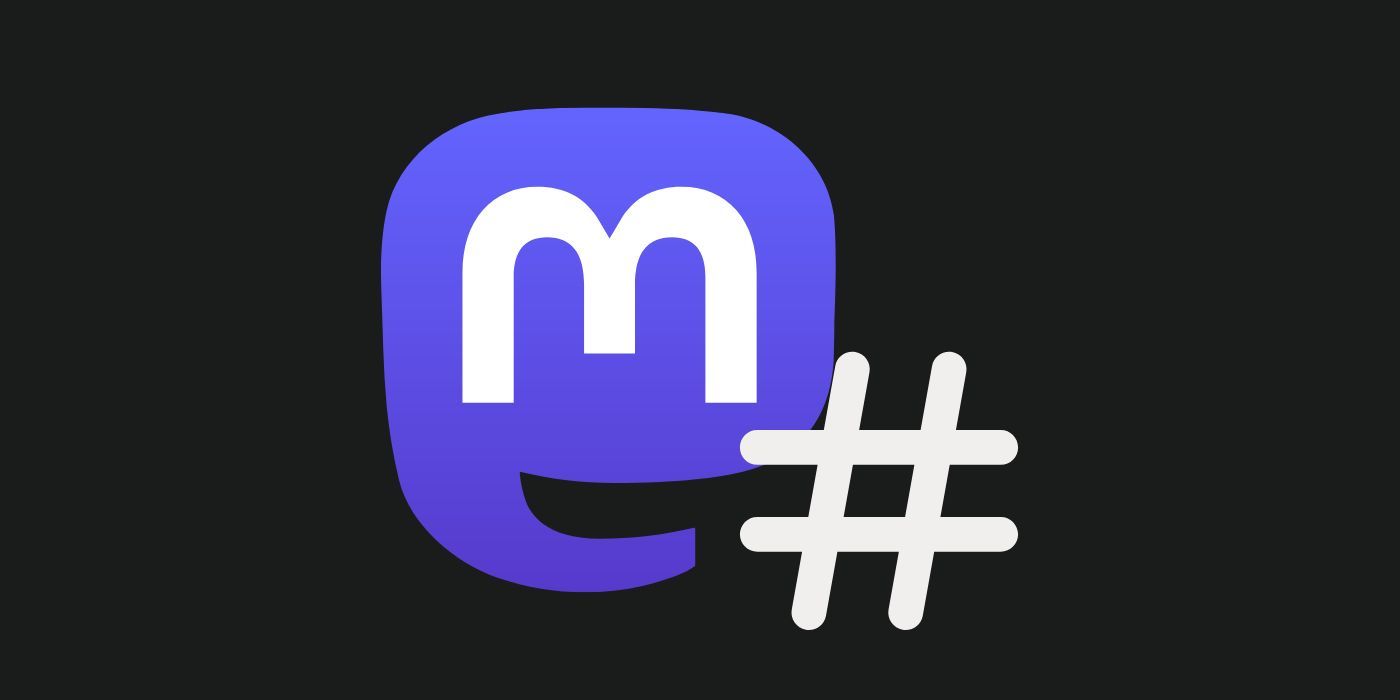 Purple Mastodon app icon with a white hashtag attached to the bottom right.