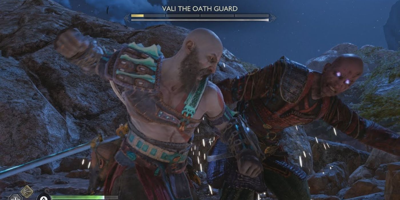 Kratos luchando contra Vali la Guardia del Juramento.  un jefe viajero en God of War Ragnarok.