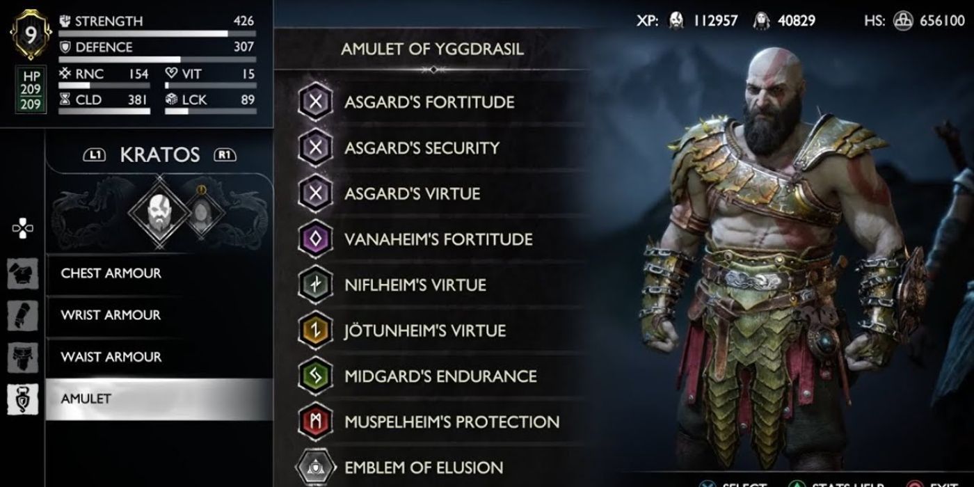 Kratos com encantamentos equipados em god of war ragnarok.
