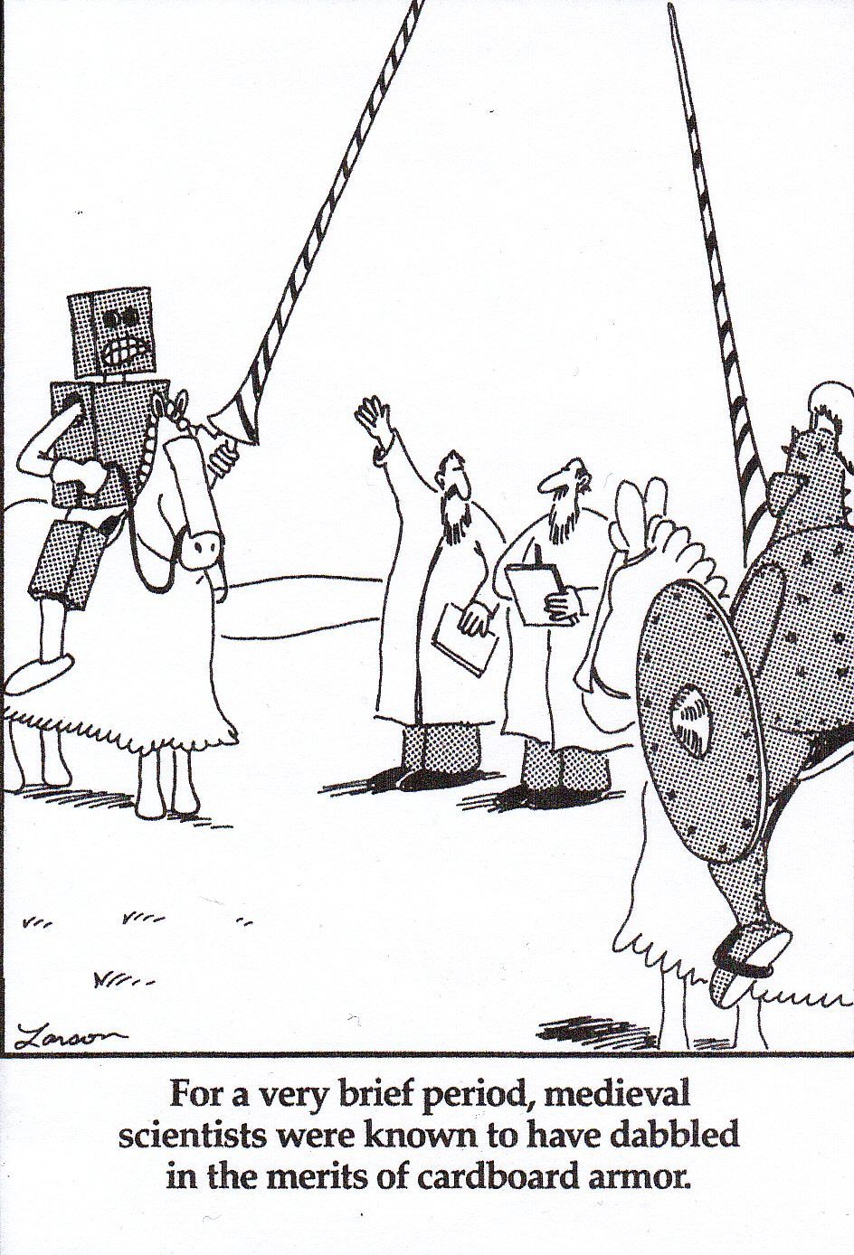 far side comic, scientists are testing armor of two knights, one is in cardboard and looks scared