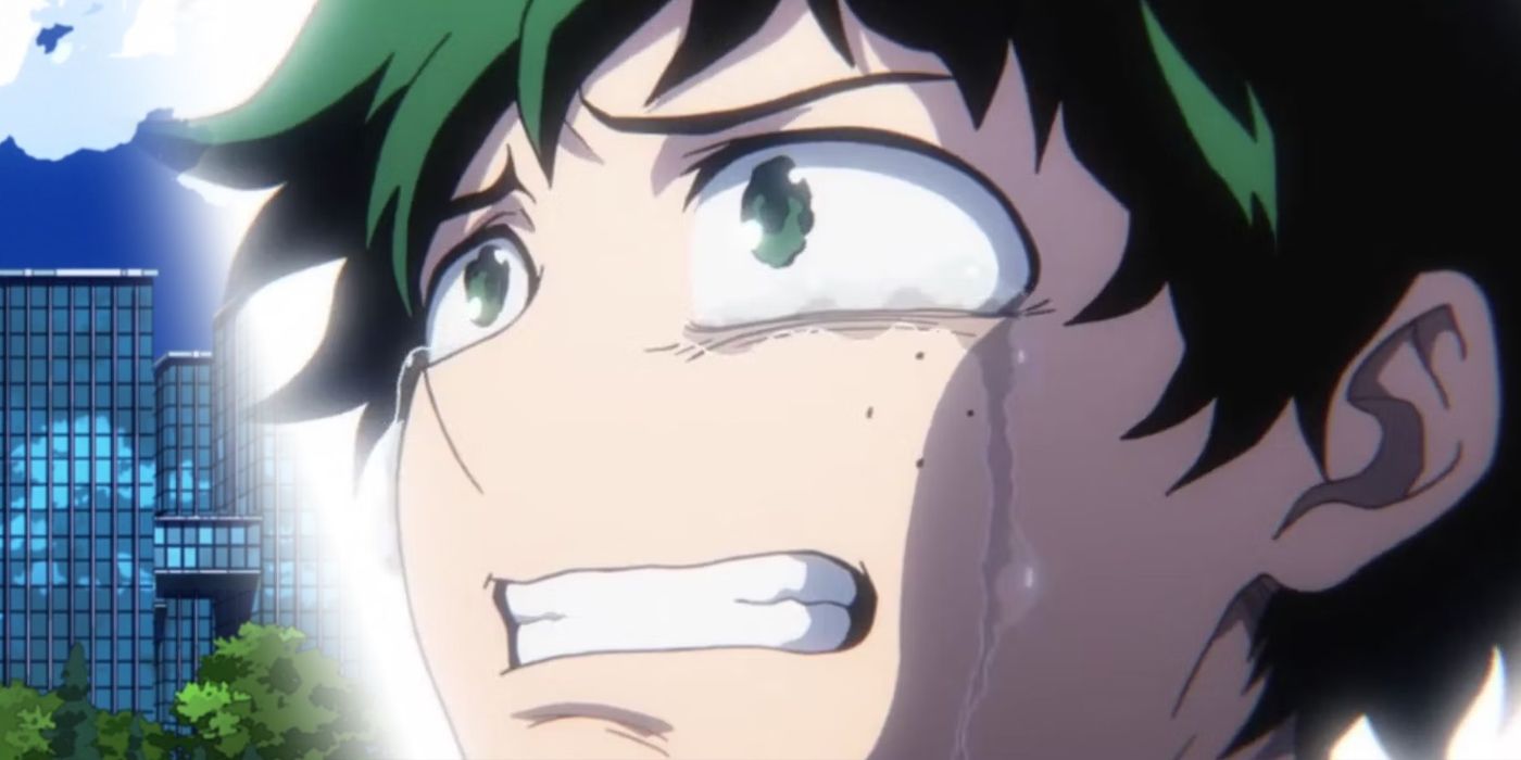 Deku chorando com uma aura branca ao seu redor em My Hero Academia.