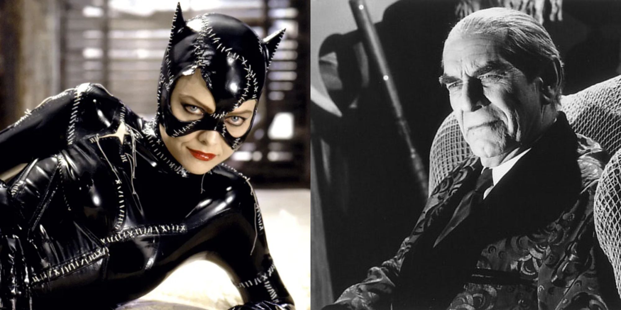 Split image showing Michelle Pfeiffer in Batman Returns and Martin Landau in Ed Wood