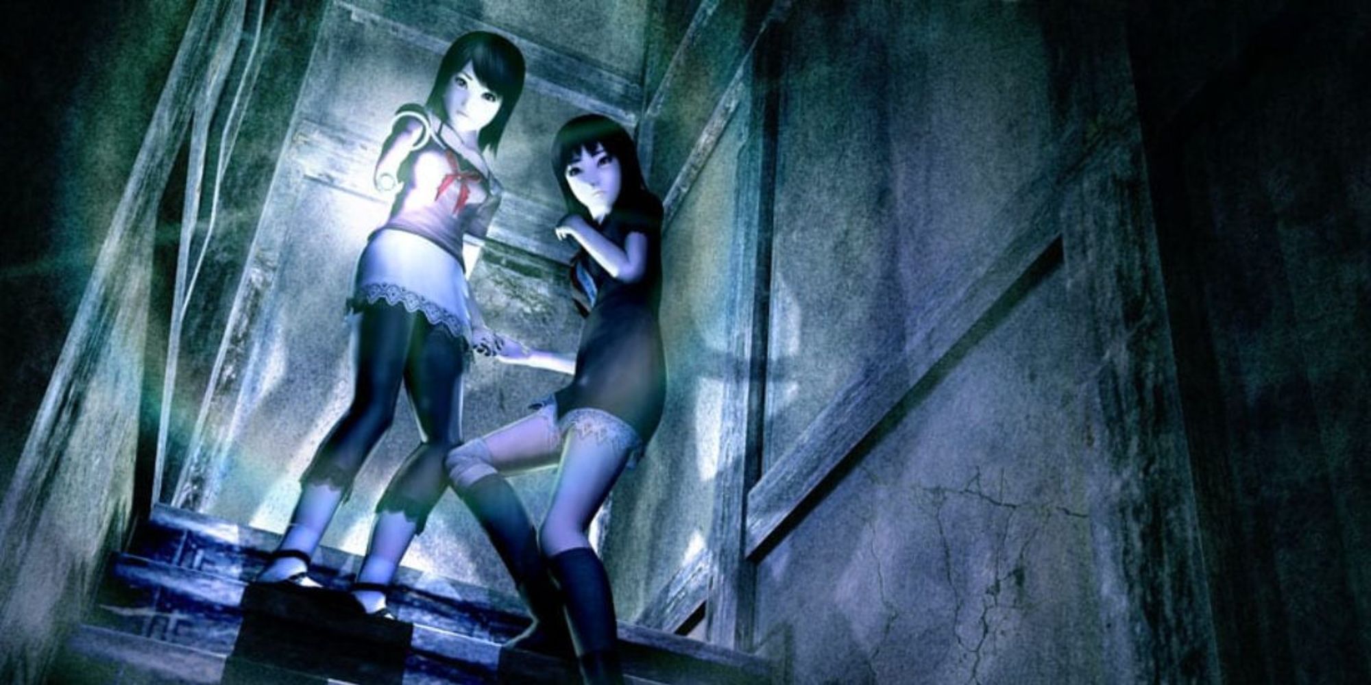 Miku e Mafuyu Hinasaki investigando uma casa assombrada em Fatal Frame (2001)