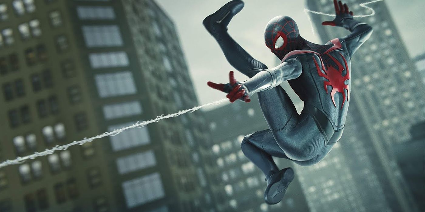 Miles Morales' Spider-Man swinging through the city