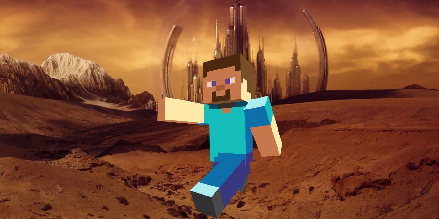 Minecraft's Steve against a background of Gallifrey from Doctor Who.