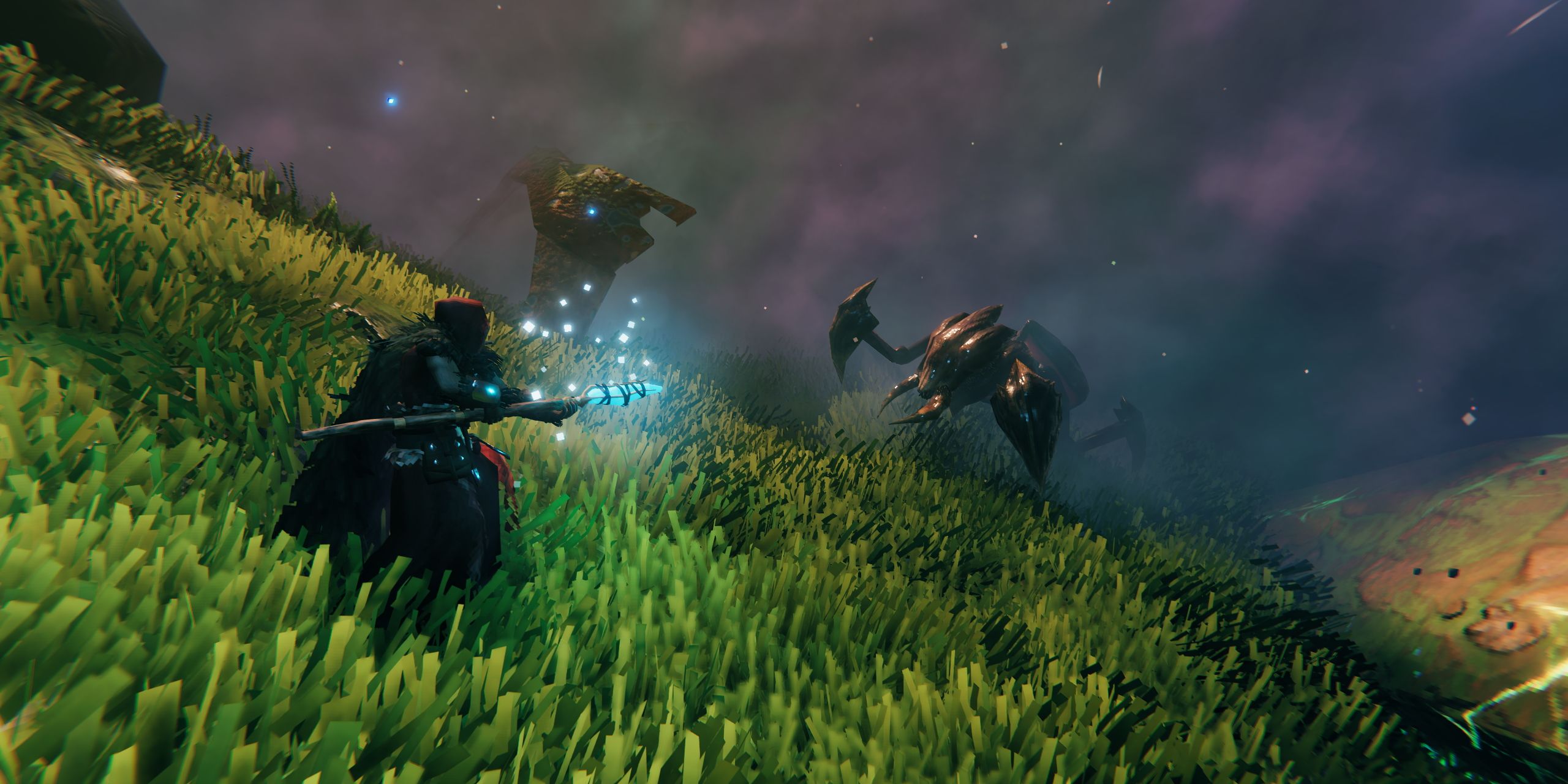 A character in the Mistylands of Valheim fights two bug-type enemies.