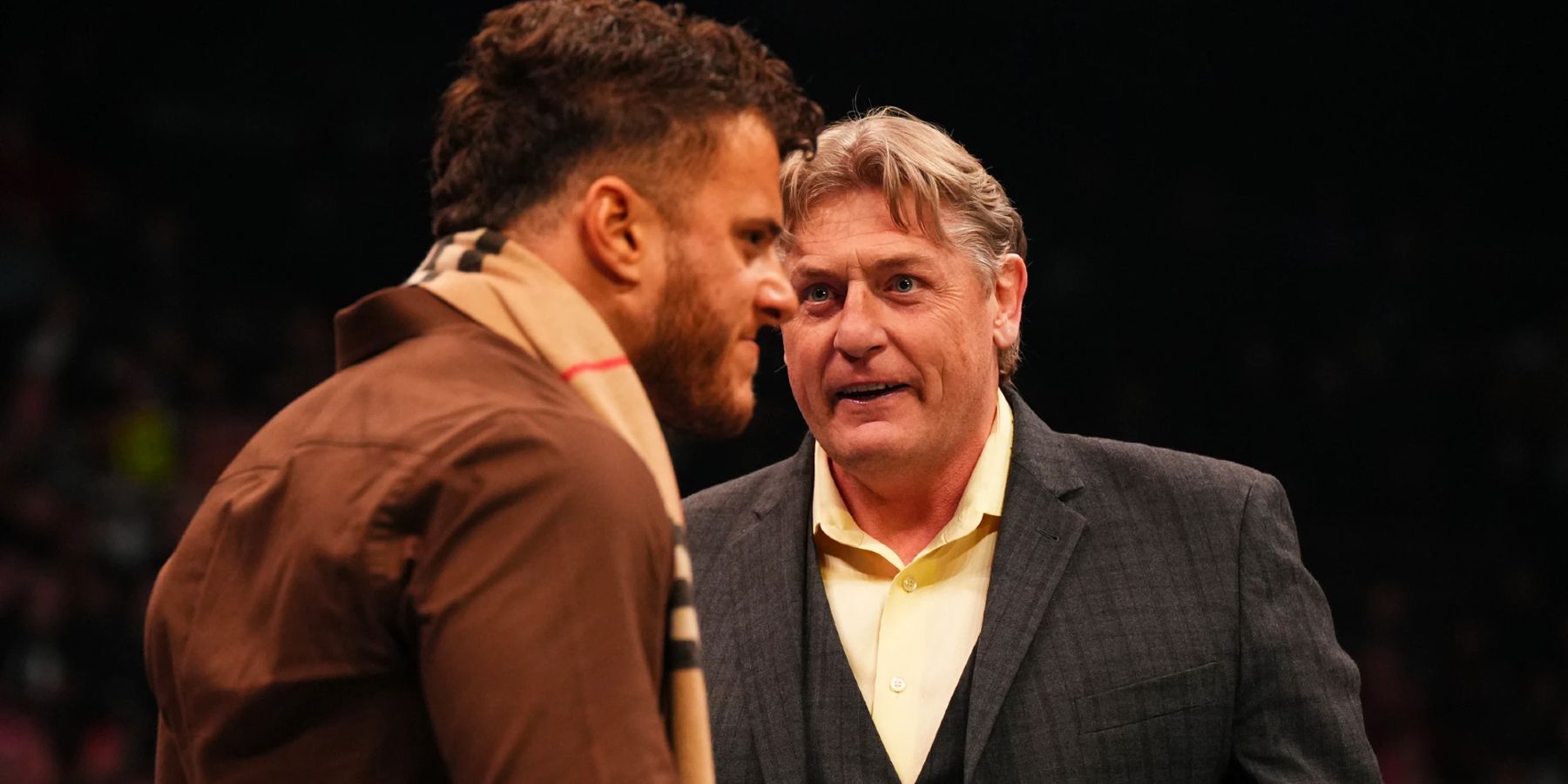 William Regal looks at MJF as the two trade barbs during an episode of AEW Dynamite in Cincinnati.